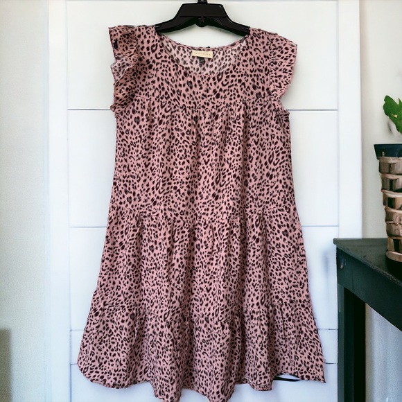 ALREDINE TIERED DRESS. BOHO BABYDOLL LOOSE DRESS. PINK/BROWN ANIMAL PRINT - Picture 2 of 12